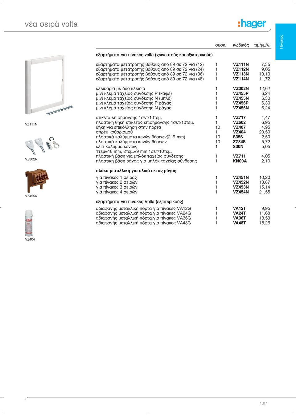 VZ112N 9,05 εξαρτήματα μετατροπής βάθους από 89 σε 72 για (36) 1 VZ113N 10,10 εξαρτήματα μετατροπής βάθους από 89 σε 72 για (48) 1 VZ114N 11,72 κλειδαριά με δύο κλειδιά 1 VZ302N 12,62 μίνι κλέμα
