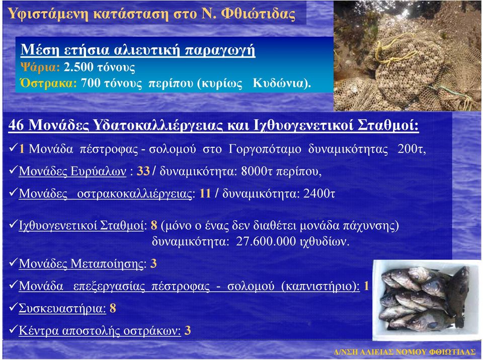 δυναμικότητα: 8000τπερίπου, Μονάδες οστρακοκαλλιέργειας: 11 / δυναμικότητα: 2400τ Ιχθυογενετικοί Σταθμοί: 8 (μόνο ο ένας δεν διαθέτει μονάδα πάχυνσης)