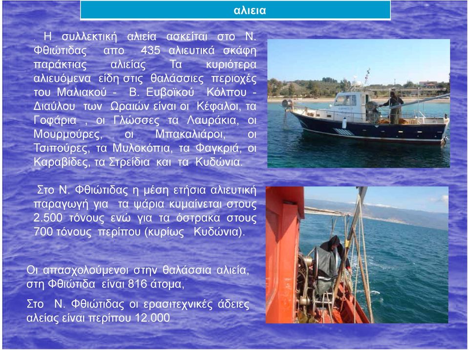 οι Καραβίδες, τα Στρείδια και τα Κυδώνια. Στο Ν. Φθιώτιδας η μέση ετήσια αλιευτική παραγωγή για τα ψάρια κυμαίνεται στους 2.
