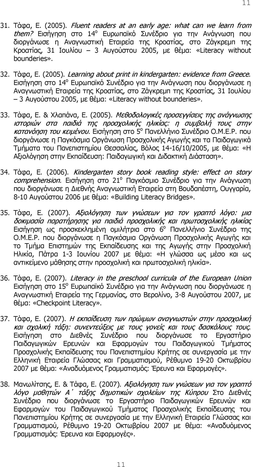 bounderies». 32. Τάφα, Ε. (2005). Learning about print in kindergarten: evidence from Greece.  bounderies». 33. Τάφα, Ε. & Χλαπάνα, Ε. (2005). Μεθοδολογικές προσεγγίσεις της ανάγνωσης ιστοριών στα παιδιά της προσχολικής ηλικίας: η συμβολή τους στην κατανόηση του κειμένου.