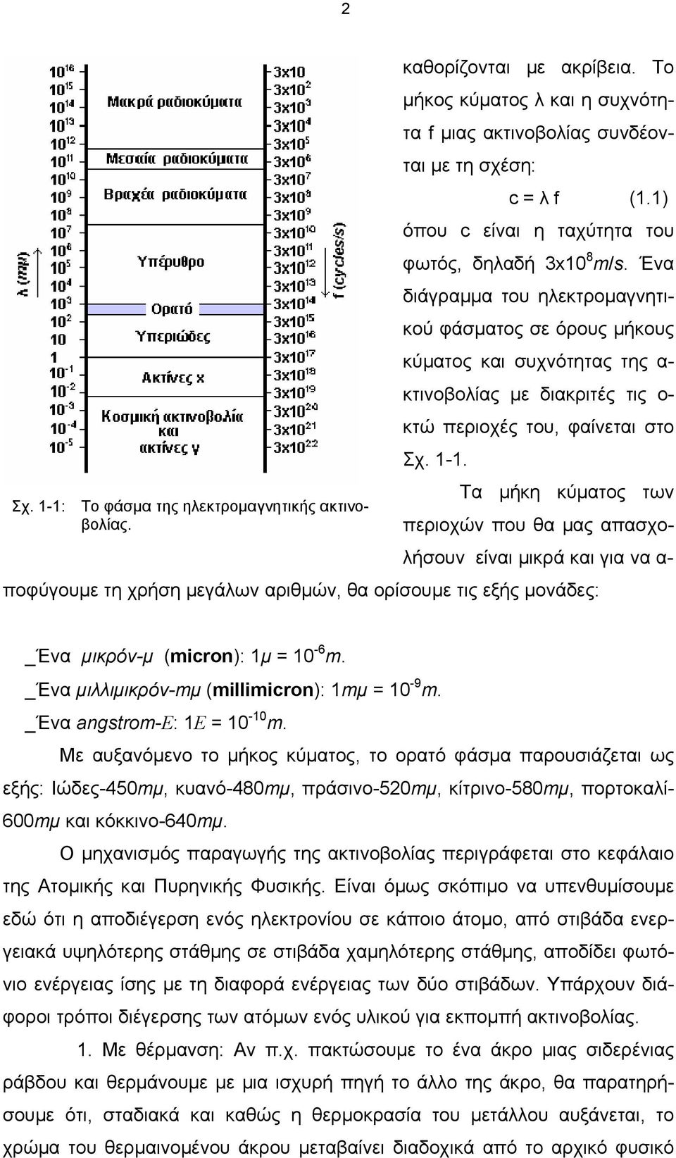 Ένα διάγραµµα του ηλεκτροµαγνητικού φάσµατος σε όρους µήκους κύµατος και συχνότητας της α- κτινοβολίας µε διακριτές τις ο- κτώ περιοχές του, φαίνεται στο Σχ. 1-1.