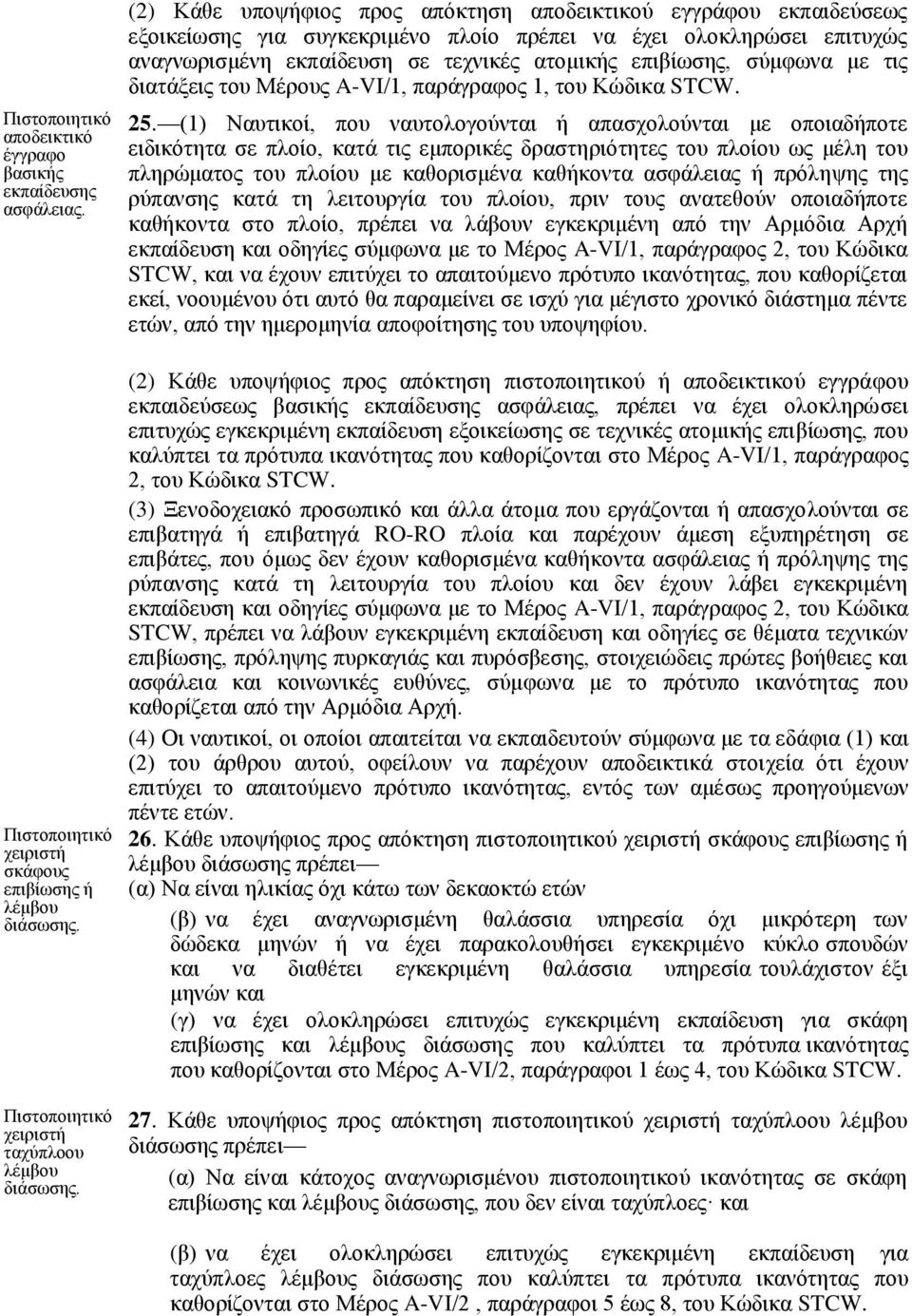 σύμφωνα με τις διατάξεις του Μέρους A-VI/1, παράγραφος 1, του Κώδικα STCW. 25.