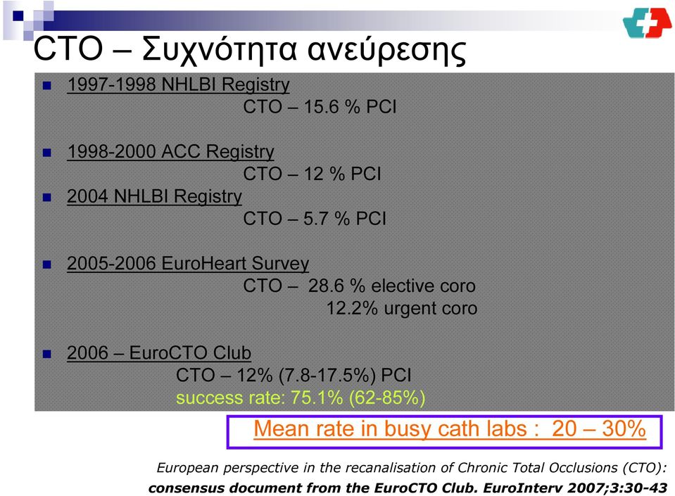 6 % elective coro 12.2% urgent coro 2006 EuroCTO Club CTO 12% (7.8-17.5%) PCI success rate: 75.