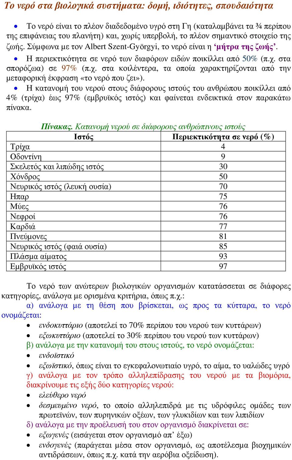 Η κατανοµή του νερού στους διάφορους ιστούς του ανθρώπου ποικίλλει από 4% (τρίχα) έως 97% (εµβρυϊκός ιστός) και φαίνεται ενδεικτικά στον παρακάτω πίνακα. Πίνακας.