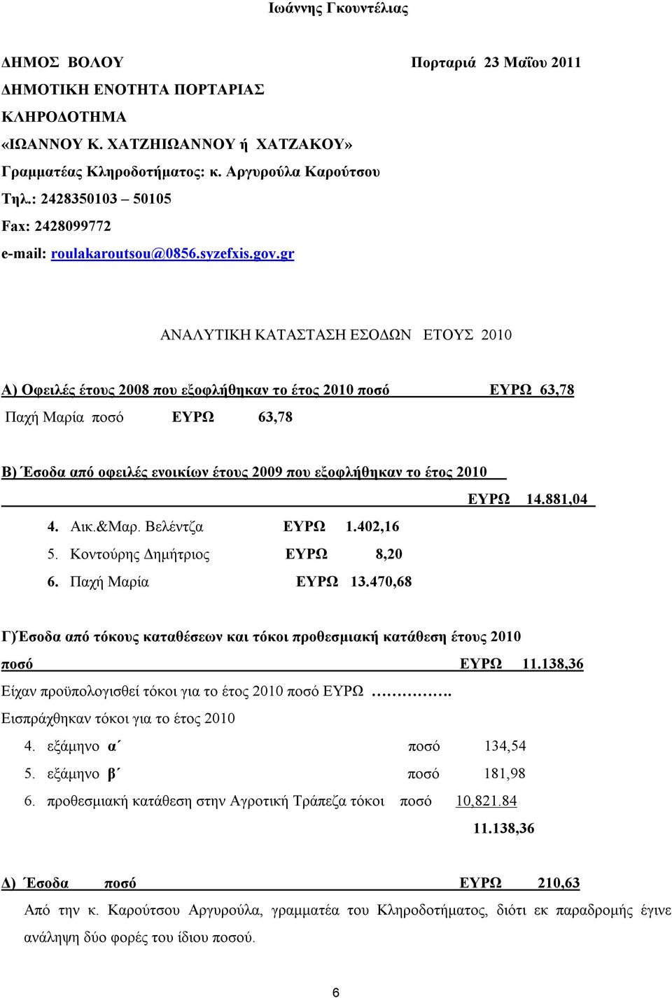 gr ΑΝΑΛΥΤΙΚΗ ΚΑΤΑΣΤΑΣΗ ΕΣΟΔΩΝ ΕΤΟΥΣ 2010 Α) Οφειλές έτους 2008 που εξοφλήθηκαν το έτος 2010 ποσό ΕΥΡΩ 63,78 Παχή Μαρία ποσό ΕΥΡΩ 63,78 Β) Έσοδα από οφειλές ενοικίων έτους 2009 που εξοφλήθηκαν το έτος