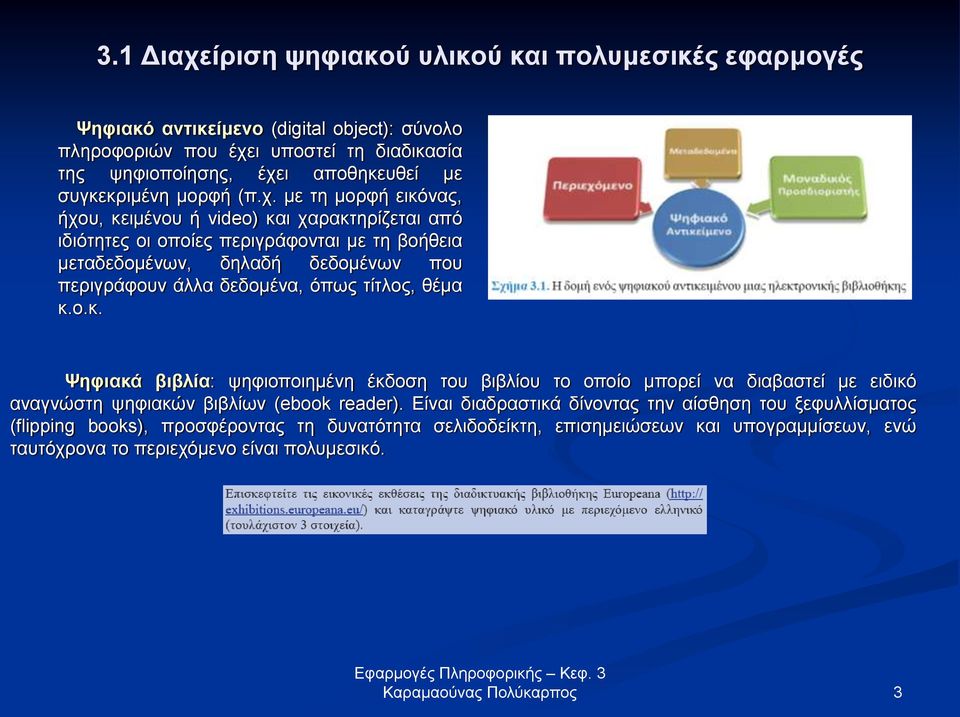 με τη μορφή εικόνας, ήχου, κειμένου ή video) και χαρακτηρίζεται από ιδιότητες οι οποίες περιγράφονται με τη βοήθεια μεταδεδομένων, δηλαδή δεδομένων που περιγράφουν άλλα δεδομένα, όπως