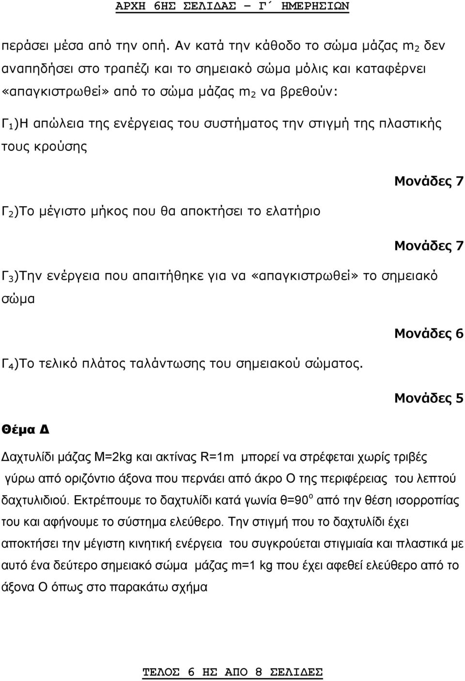 την στιγμή της πλαστικής τους κρούσης Γ 2 )Το μέγιστο μήκος που θα αποκτήσει το ελατήριο Moνάδες 7 Moνάδες 7 Γ 3 )Την ενέργεια που απαιτήθηκε για να «απαγκιστρωθεί» το σημειακό σώμα Γ 4 )Το τελικό