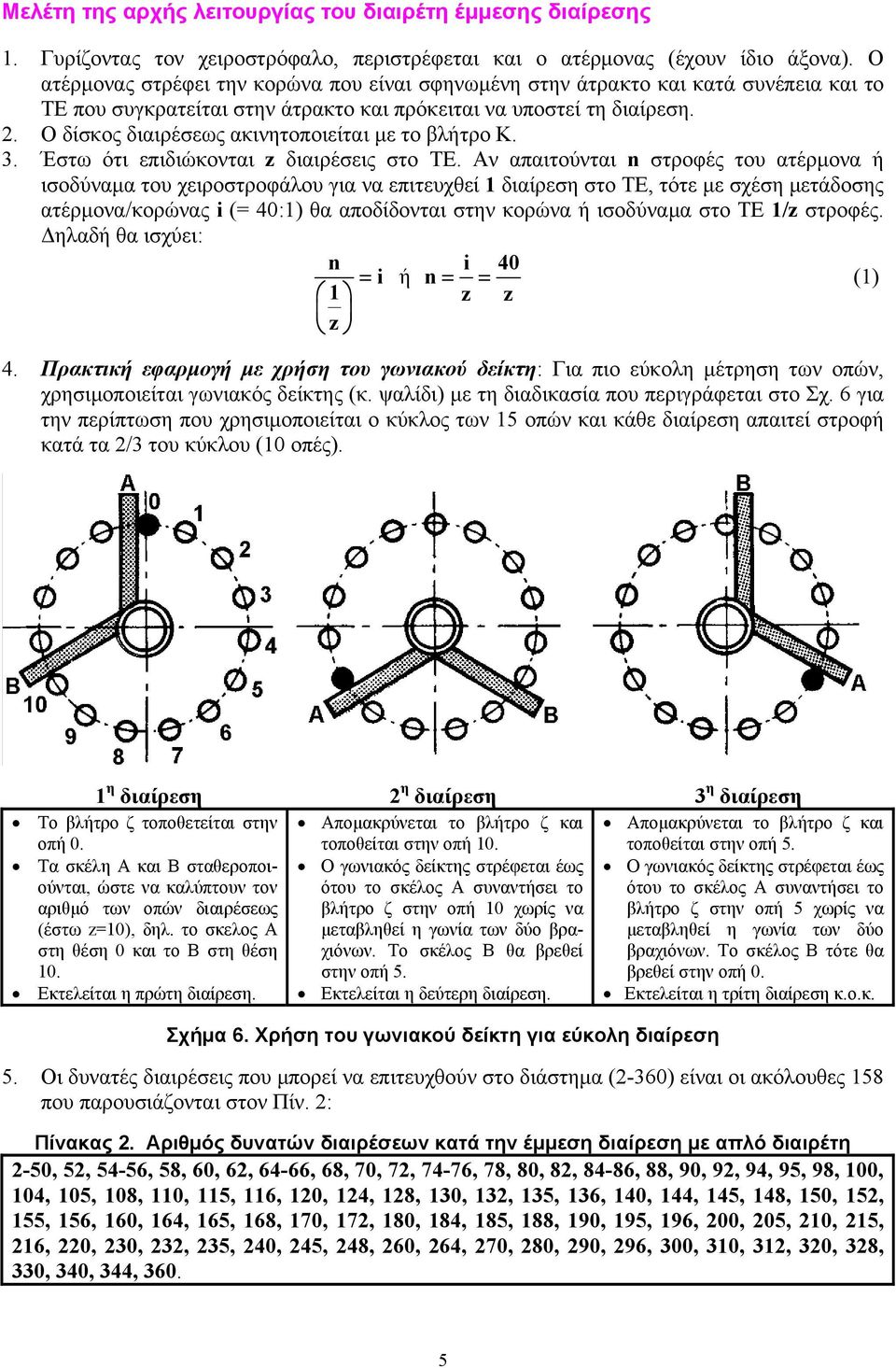 Ο δίσκος διαιρέσεως ακινητοποιείται με το βλήτρο Κ. 3. Έστω ότι επιδιώκονται z διαιρέσεις στο ΤΕ.