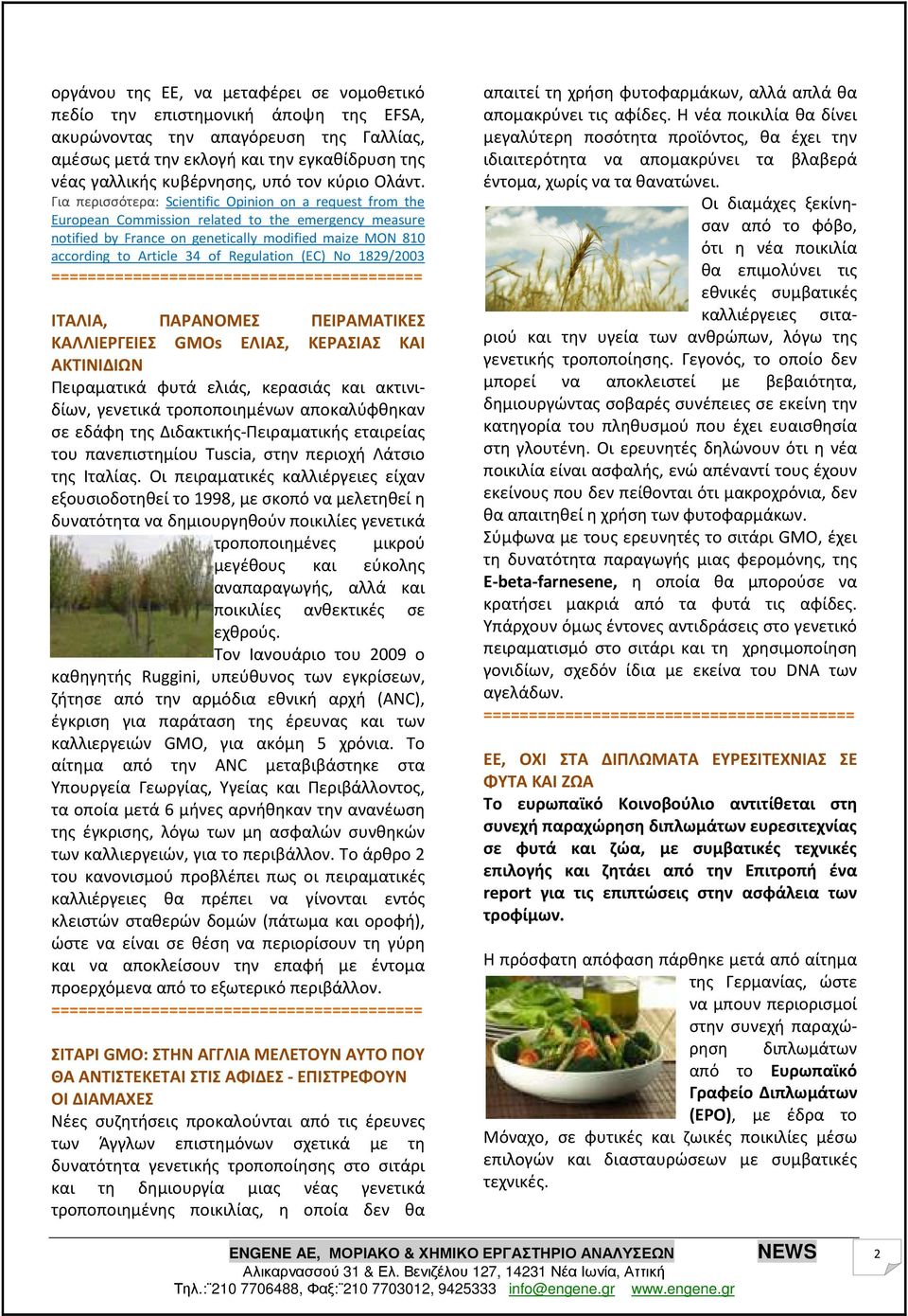 Για περισσότερα: Scientific Opinion on a request from the European Commission related to the emergency measure notified by France on genetically modified maize MON 810 according to Article 34 of