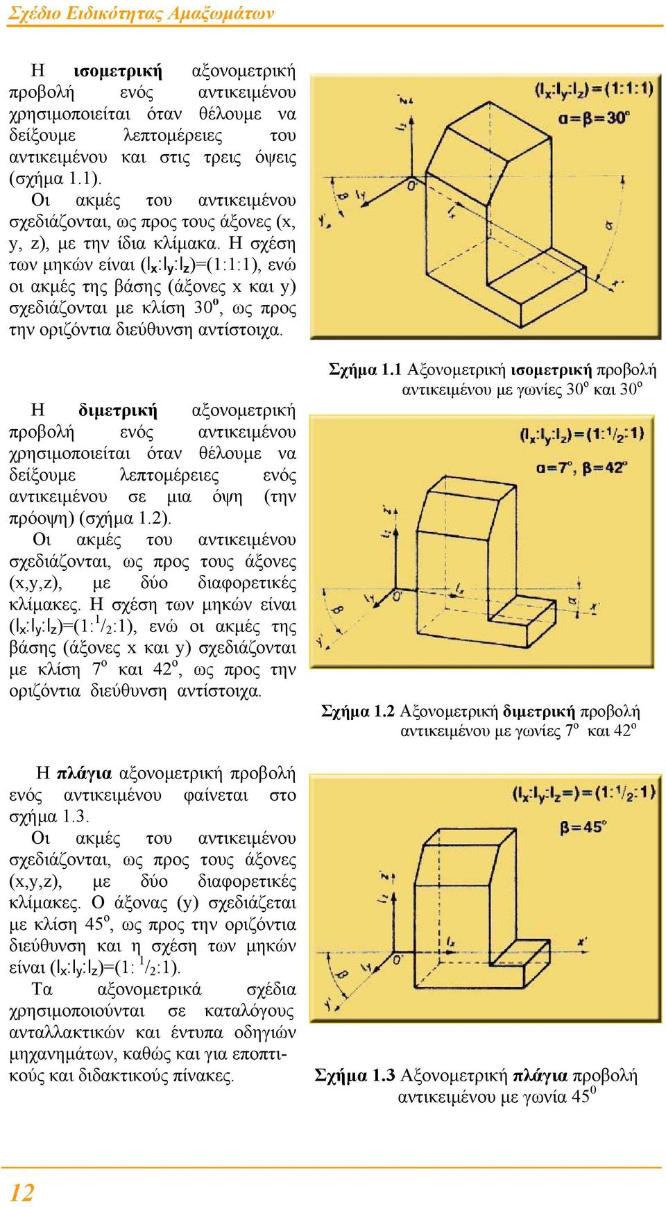 Η σχέση των µηκών είναι (l x :l y :l z )=(1:1:1), ενώ οι ακµές της βάσης (άξονες x και y) σχεδιάζονται µε κλίση 30 ο, ως προς την οριζόντια διεύθυνση αντίστοιχα.