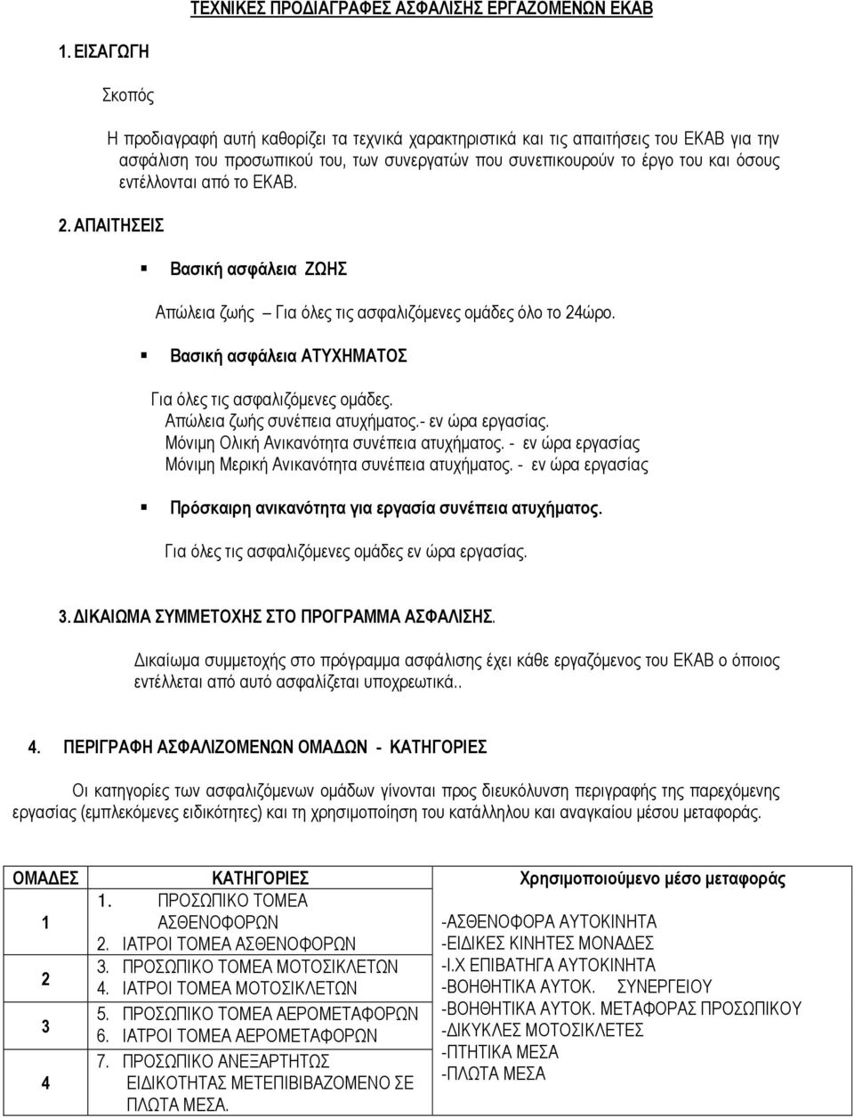 εντέλλονται από το ΕΚΑΒ. 2. ΑΠΑΙΤΗΣΕΙΣ Βασική ασφάλεια ΖΩΗΣ Απώλεια ζωής Για όλες τις ασφαλιζόµενες οµάδες όλο το 24ώρο. Βασική ασφάλεια ΑΤΥΧΗΜΑΤΟΣ Για όλες τις ασφαλιζόµενες οµάδες.