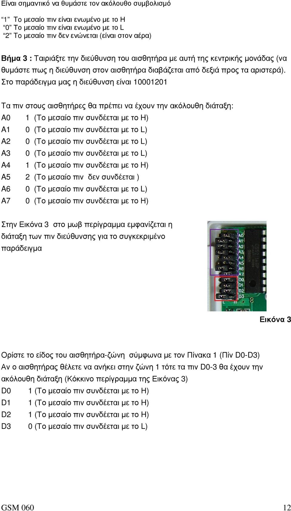 Στο παράδειγµα µας η διεύθυνση είναι 10001201 Tα πιν στους αισθητήρες θα πρέπει να έχουν την ακόλουθη διάταξη: A0 1 (Το µεσαίο πιν συνδέεται µε το H) A1 0 (Το µεσαίο πιν συνδέεται µε το L) A2 0 (Το