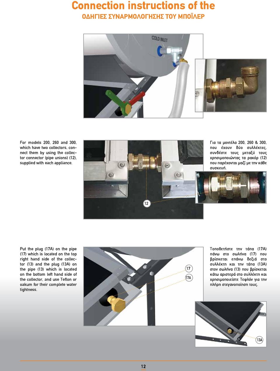 12 Put the plug (17A) on the pipe (17) which is located on the top right hand side of the collector (13) and the plug (13A) on the pipe (13) which is located on the bottom left hand side of the