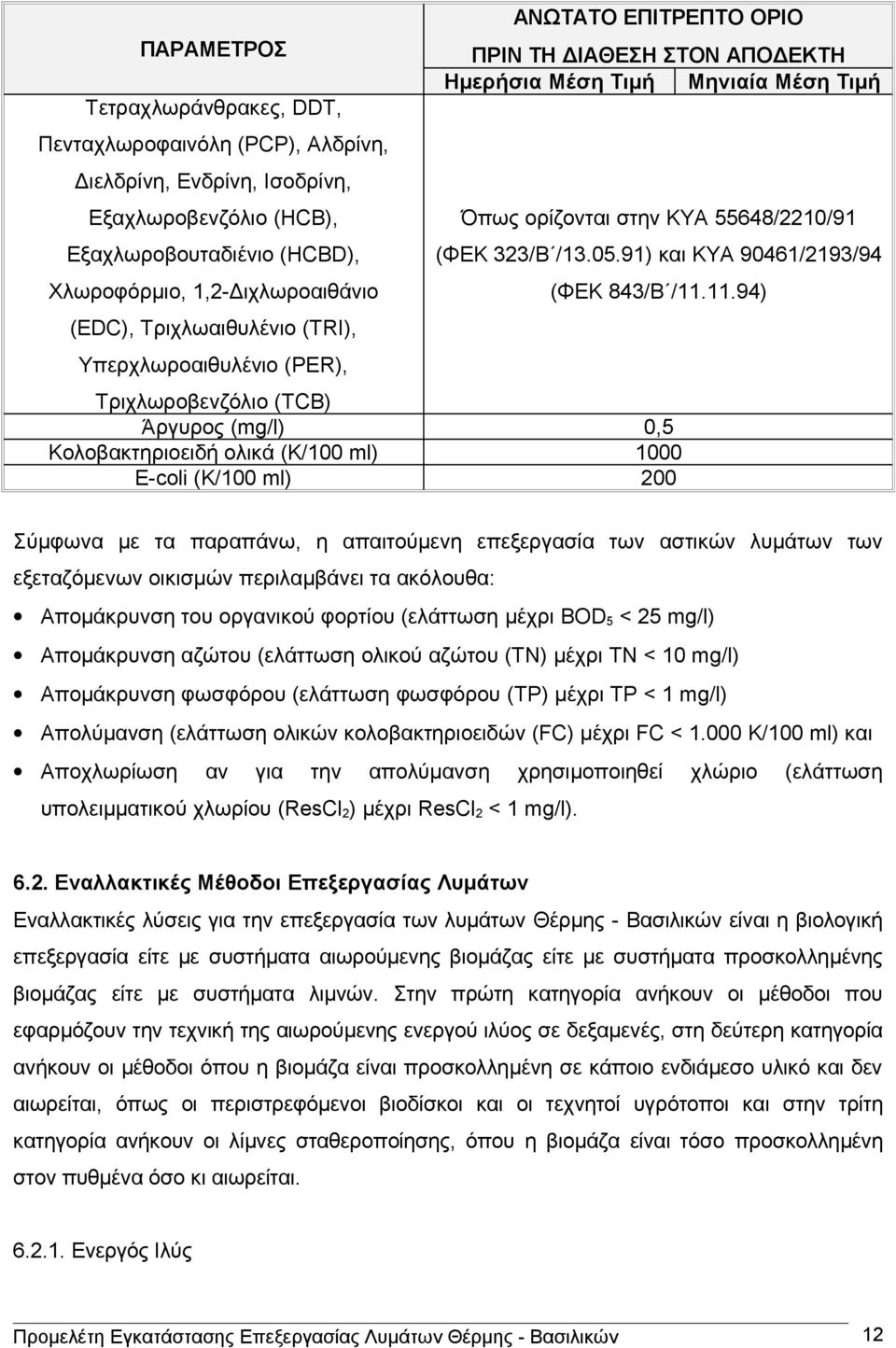 .94) (EDC), Τριχλωαιθυλένιο (TRI), Υπερχλωροαιθυλένιο (PER), Τριχλωροβενζόλιο (TCB) Άργυρος (mg/l) Κολοβακτηριοειδή ολικά (Κ/ ml) E-coli (K/ ml),5 Σύμφωνα με τα παραπάνω, η απαιτούμενη επεξεργασία