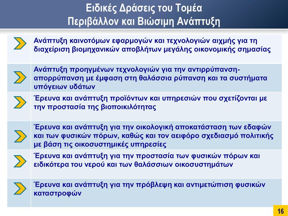 την προστασία της βιοποικιλότητας Έρευνα και ανάπτυξη για την οικολογική αποκατάσταση των εδαφών και των φυσικών πόρων, καθώς και τον αειφόρο σχεδιασμό πολιτικής με βάση τις οικοσυστημικές