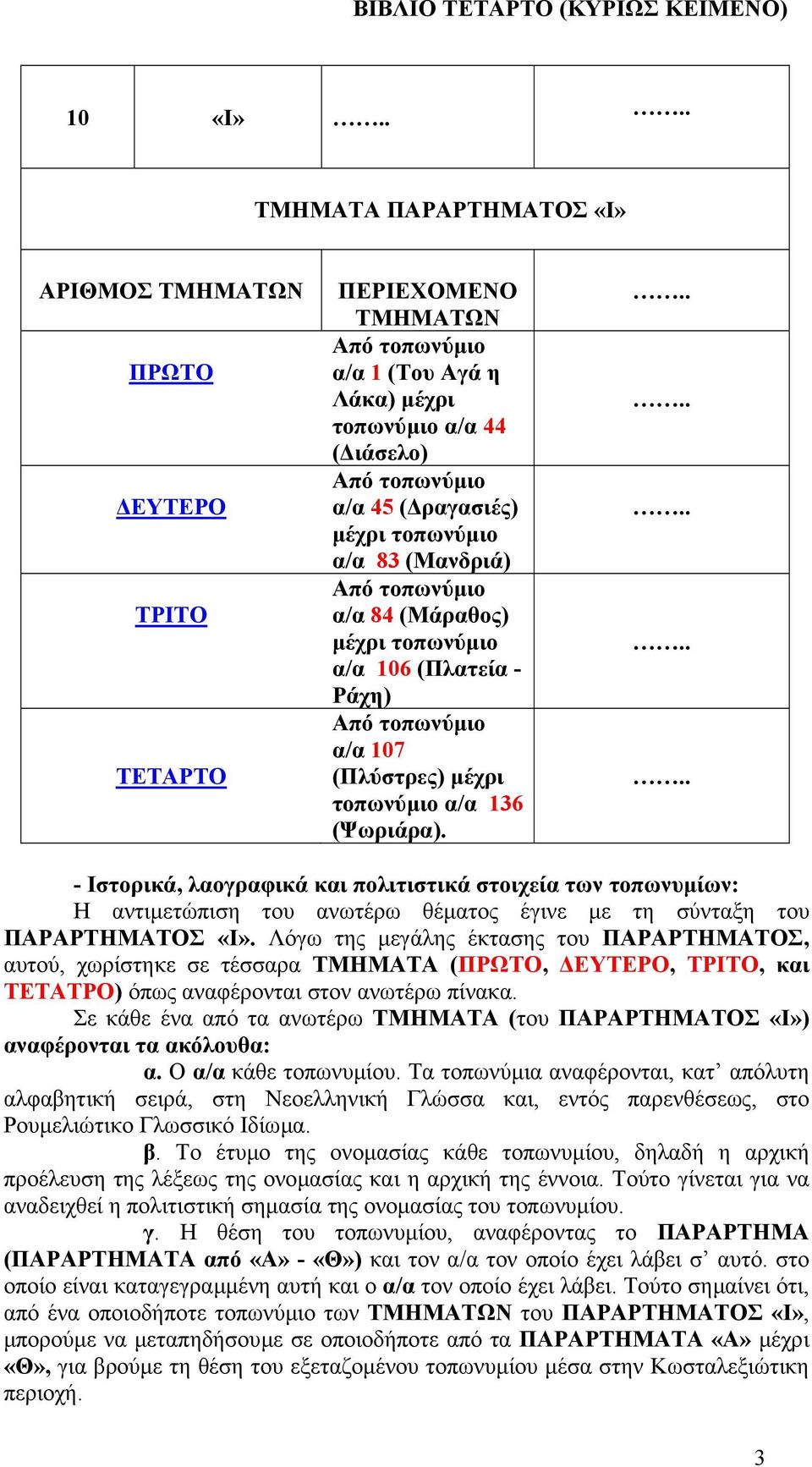 - Ιστορικά, λαογραφικά και πολιτιστικά στοιχεία των τοπωνυµίων: Η αντιµετώπιση του ανωτέρω θέµατος έγινε µε τη σύνταξη του ΠΑΡΑΡΤΗΜΑΤΟΣ «Ι».