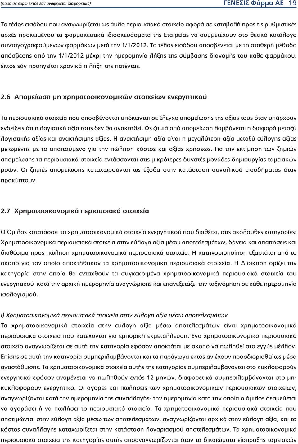 Το τέλος εισόδου αποσβένεται με τη σταθερή μέθοδο απόσβεσης από την 1/1/2012 μέχρι την ημερομηνία λήξης της σύμβασης διανομής του κάθε φαρμάκου, έκτος εάν προηγείται χρονικά η λήξη της πατέντας. 2.