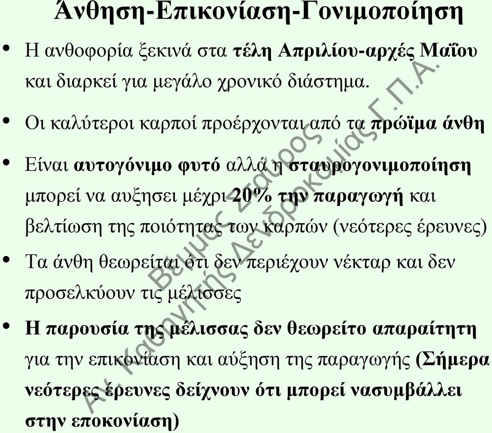 θαη βειηίσζε ηεο πνηόηεηαο ησλ θαξπώλ (λεόηεξεο έξεπλεο) Σα άλζε ζεσξείηαη όηη δελ πεξηέρνπλ λέθηαξ θαη δελ πξνζειθύνπλ ηηο κέιηζζεο Η