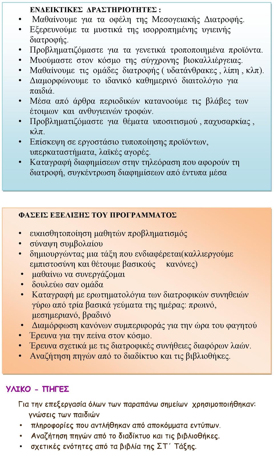 Μέσα από άρθρα περιοδικών κατανοούμε τις βλάβες των έτοιμων και ανθυγιεινών τροφών. Προβληματιζόμαστε για θέματα υποσιτισμού, παχυσαρκίας, κλπ.