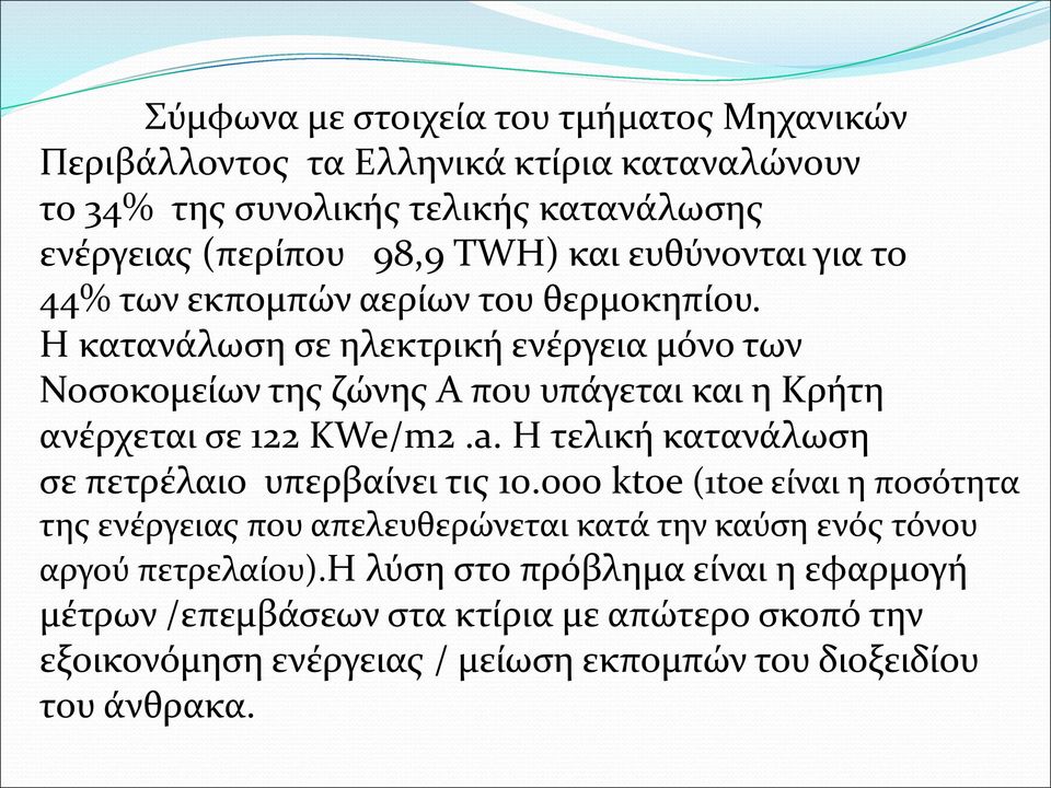 Η κατανάλωση σε ηλεκτρική ενέργεια μόνο των Νοσοκομείων της ζώνης A που υπάγεται και η Κρήτη ανέρχεται σε 122 KWe/m2.a.