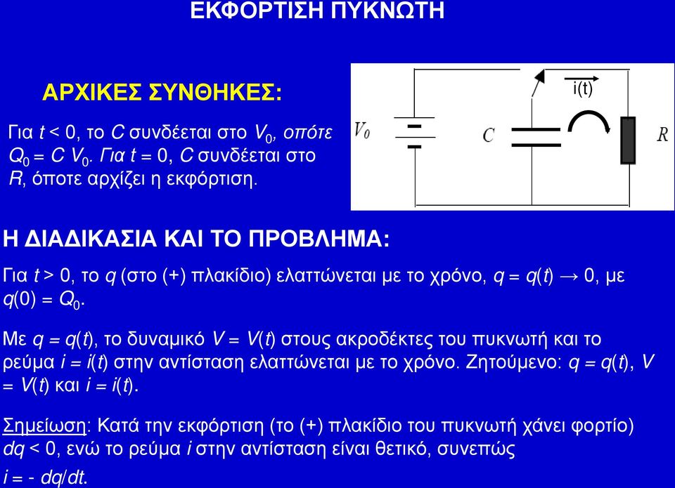 Με q = q(t), το δυναμικό V = V(t) στους ακροδέκτες του πυκνωτή και το ρεύμα i = i(t) στην αντίσταση ελαττώνεται με το χρόνο.