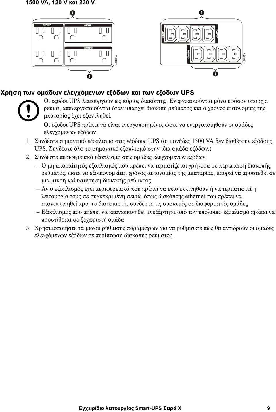 Οι έξοδοι UPS πρέπει να είναι ενεργοποιηµένες ώστε να ενεργοποιηθούν οι οµάδες ελεγχόµενων εξόδων. 1. Συνδέστε σηµαντικό εξοπλισµό στις εξόδους UPS (οι µονάδες 1500 VA δεν διαθέτουν εξόδους UPS.
