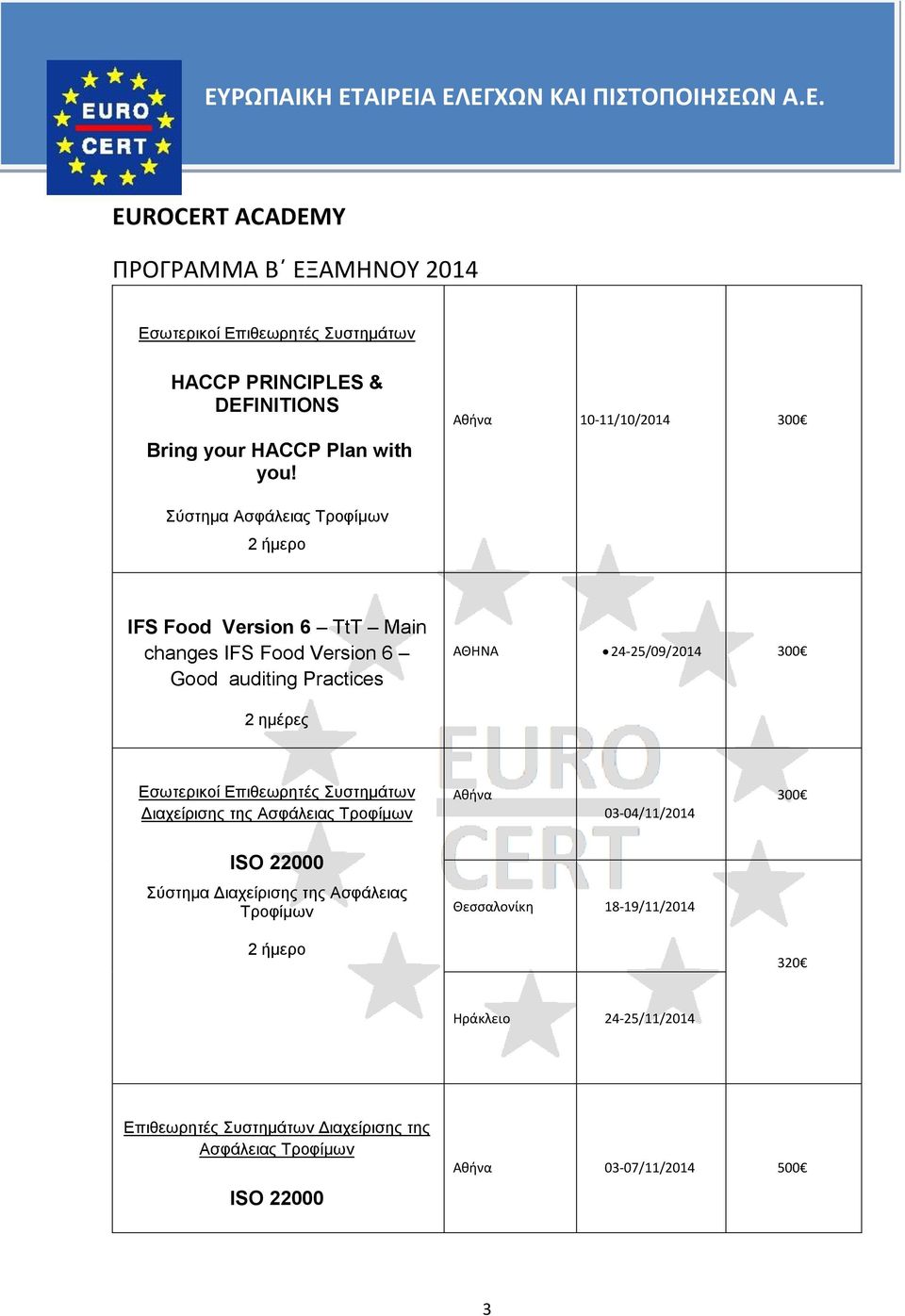 auditing Practices ΑΘΗΝΑ 24-25/09/2014 300 2 ημέρες Διαχείρισης της Ασφάλειας 03-04/11/2014 300 ISO