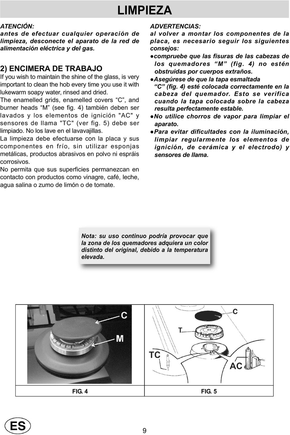 The enamelled grids, enamelled covers C, and burner heads M (see fig. 4) también deben ser lavados y los elementos de ignición "AC" y sensores de llama "TC" (ver fig. 5) debe ser limpiado.