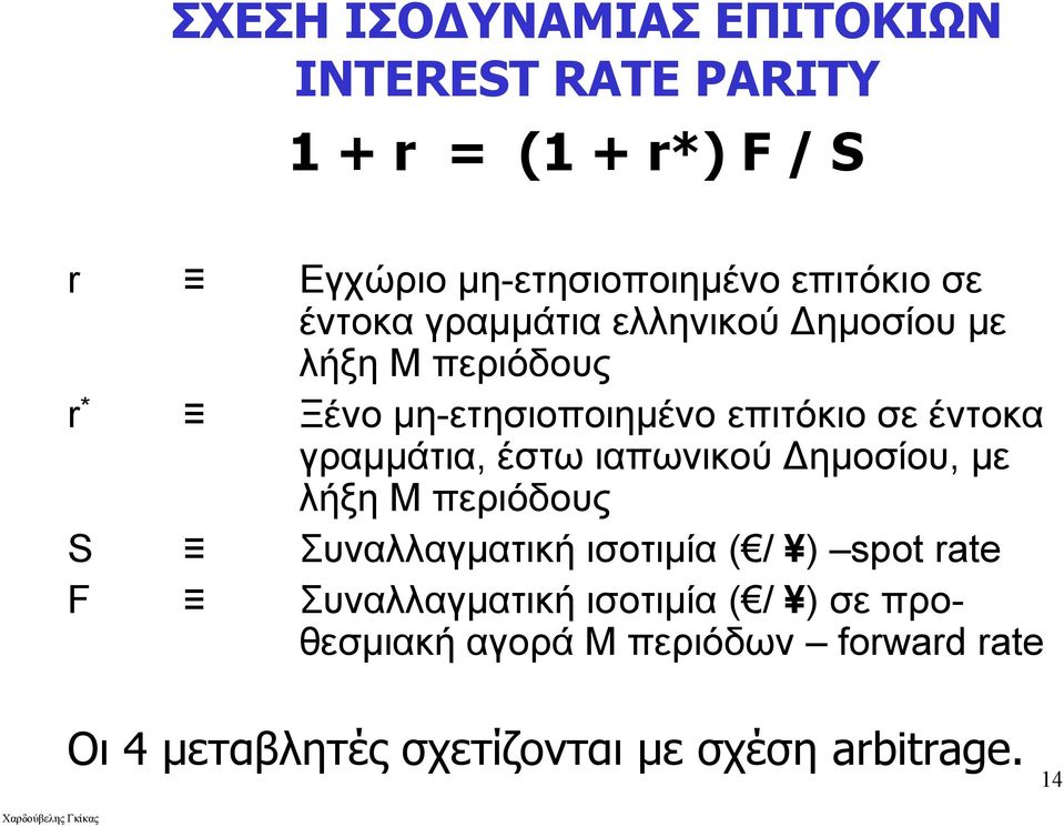 γραμμάτια, έστω ιαπωνικού Δημοσίου, με λήξη Μ περιόδους S Συναλλαγματική ισοτιμία ( / ) spot rate F