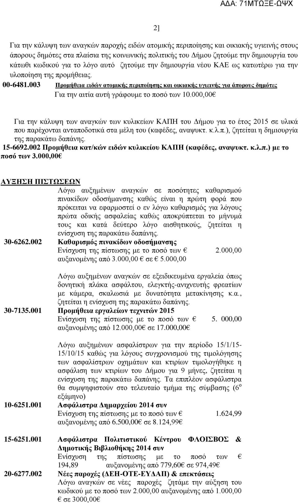 003 Προμήθεια ειδών ατομικής περιποίησης και οικιακής υγιεινής για άπορους δημότες Για την αιτία αυτή γράφουμε το ποσό των 10.