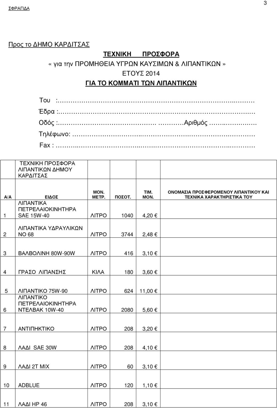 ...... ΛΙΠΑΝΤΙΚΩΝ ΗΜΟΥ ΚΑΡ ΙΤΣΑΣ 2 SAE 5W-40 ΛΙΤΡΟ 040 4,20 Υ ΡΑΥΛΙΚΩΝ ΝΟ 8 ΛΙΤΡΟ 3744 2,48 ΟΝΟΜΑΣΙΑ ΠΡΟΣΦΕΡΟΜΕΝΟΥ ΛΙΠΑΝΤΙΚΟΥ ΚΑΙ ΤΕΧΝΙΚΑ