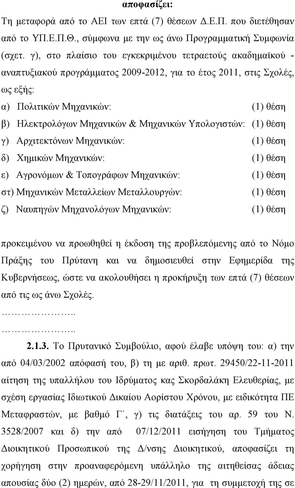 Μηχανικών Υπολογιστών: (1) θέση γ) Αρχιτεκτόνων Μηχανικών: (1) θέση δ) Χημικών Μηχανικών: (1) θέση ε) Αγρονόμων & Τοπογράφων Μηχανικών: (1) θέση στ) Μηχανικών Μεταλλείων Μεταλλουργών: (1) θέση ζ)