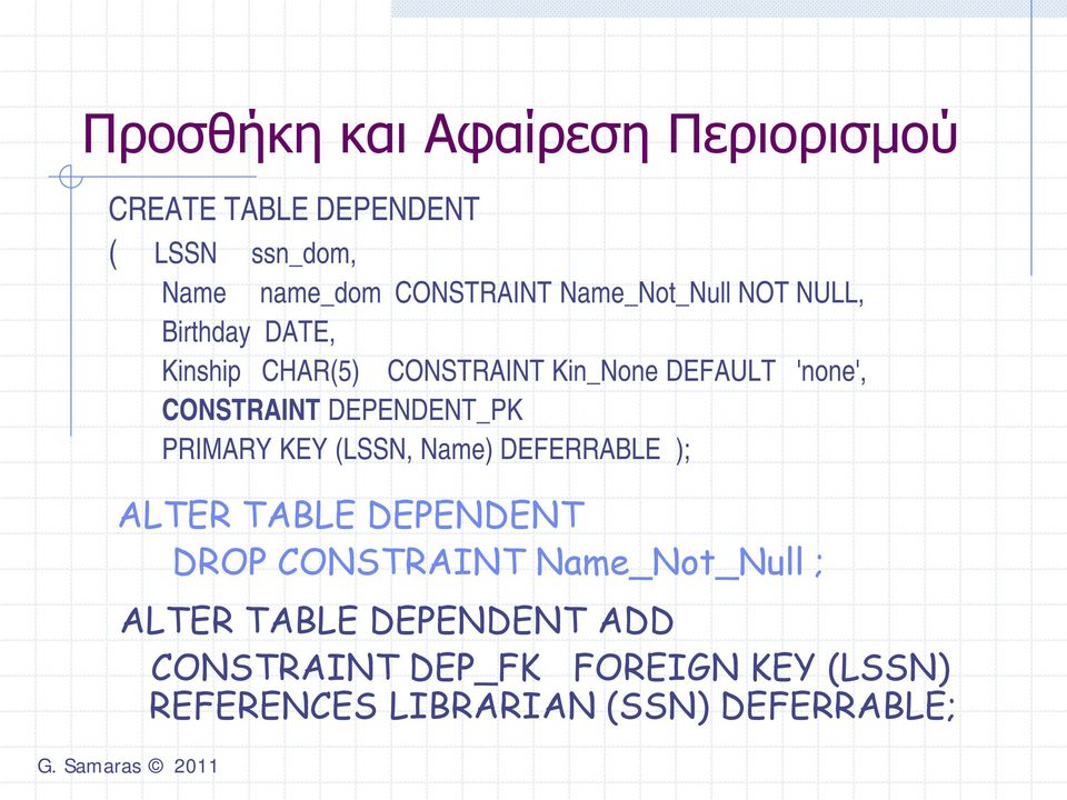 DEPENDENT_PK PRIMARY KEY (LSSN, Name) DEFERRABLE ); ALTER TABLE DEPENDENT DROP CONSTRAINT