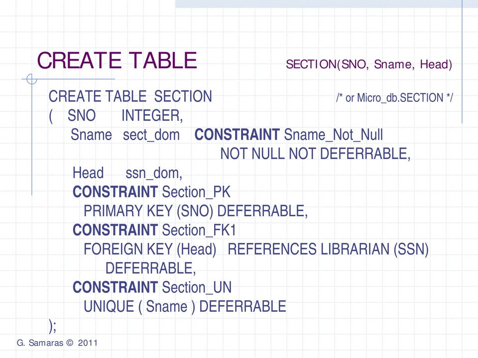 Head ssn_dom, CONSTRAINT Section_PK PRIMARY KEY (SNO) DEFERRABLE, CONSTRAINT Section_FK1