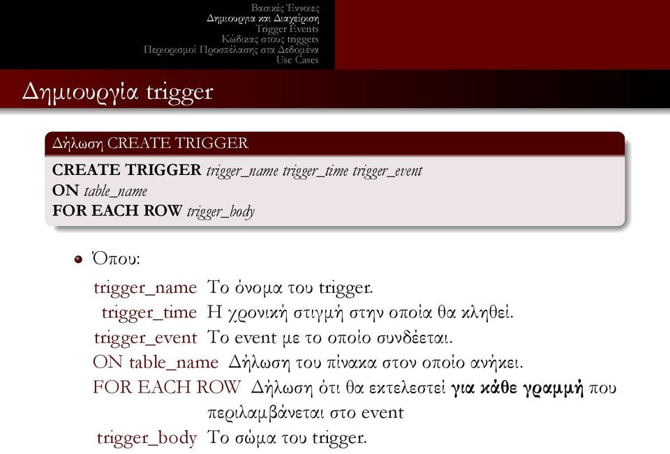 κληθεί trigger_event Το event με το οποίο συνδέεται ON table_name Δήλωση του πίνακα στον οποίο ανήκει FOR