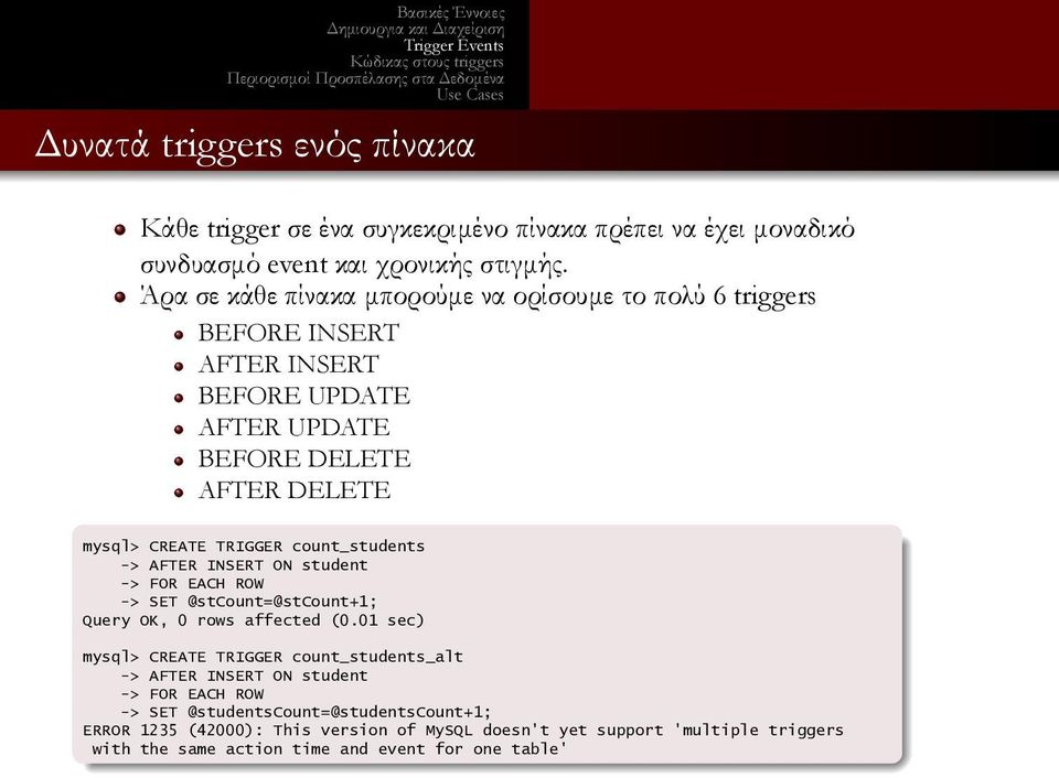 student -> FOR EACH ROW -> SET @stcount=@stcount+1; Query OK, 0 rows affected (001 sec) mysql> CREATE TRIGGER count_students_alt -> AFTER INSERT ON student -> FOR