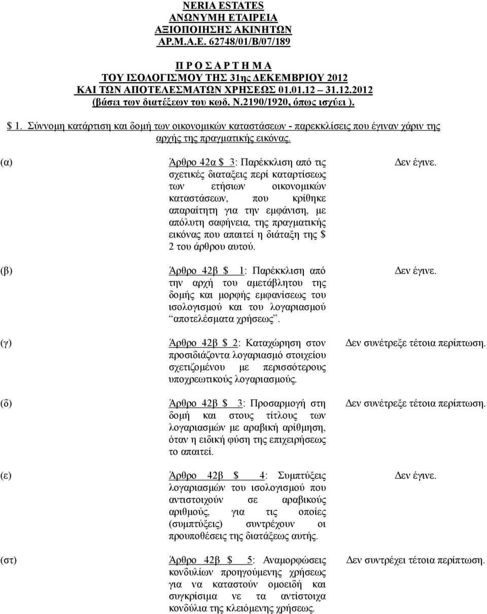 Άρθρο 42α $ 3: Παρέκκλιση από τις σχετικές διαταξεις περί καταρτίσεως των ετήσιων οικονοµικών καταστάσεων, που κρίθηκε απαραίτητη για την εµφάνιση, µε απόλυτη σαφήνεια, της πραγµατικής εικόνας που