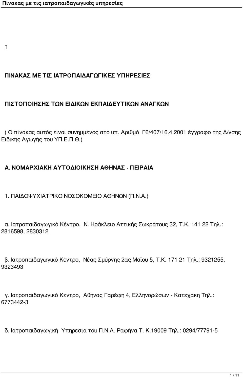 Ιατροπαιδαγωγικό Κέντρο, Ν. Ηράκλειο Αττικής Σωκράτους 32, Τ.Κ. 141 22 Τηλ.: 2816598, 2830312 β. Ιατροπαιδαγωγικό Κέντρο, Νέας Σμύρνης 2ας Μαΐου 5, Τ.Κ. 171 21 Τηλ.