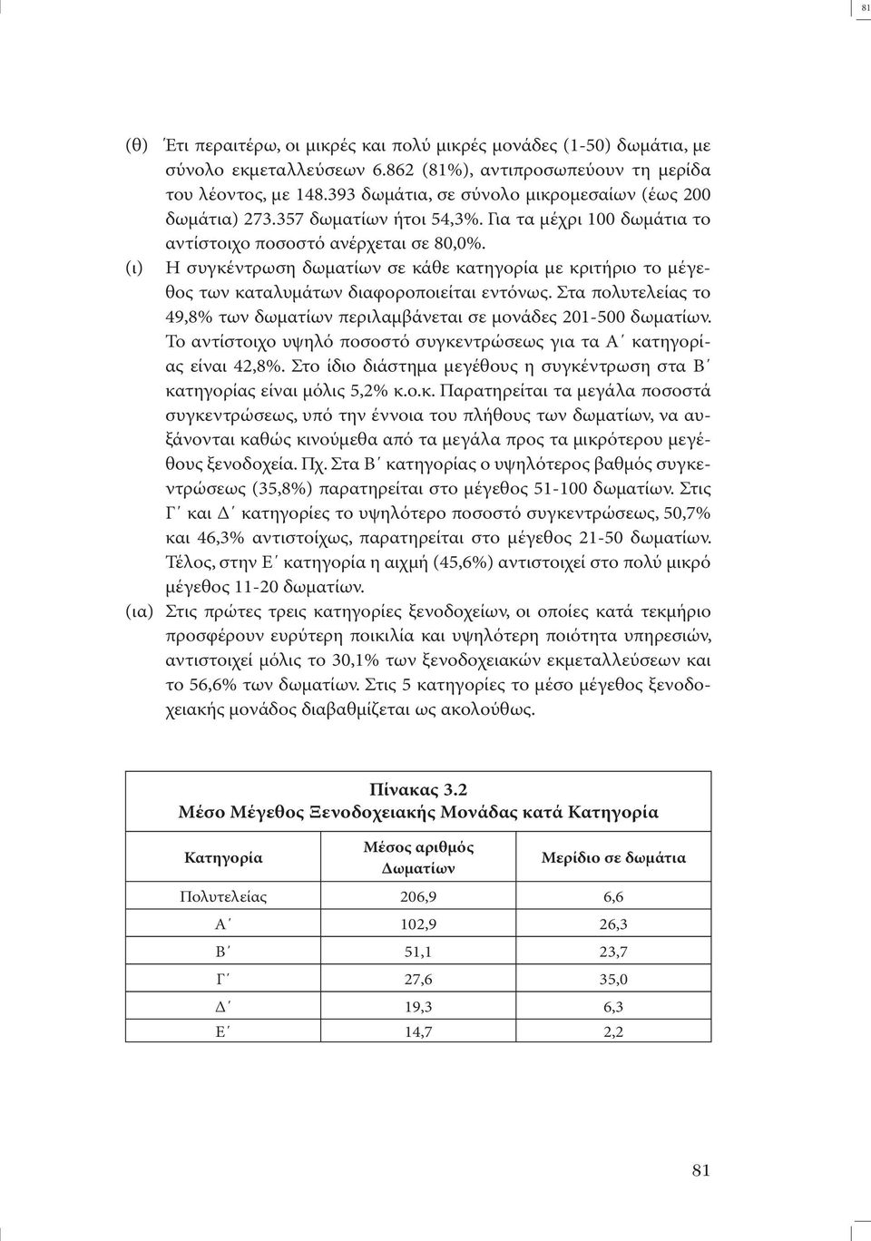 (ι) Η συγκέντρωση δωµατίων σε κάθε κατηγορία µε κριτήριο το µέγεθος των καταλυµάτων διαφοροποιείται εντόνως. Στα πολυτελείας το 49,8% των δωµατίων περιλαµβάνεται σε µονάδες 201-500 δωµατίων.