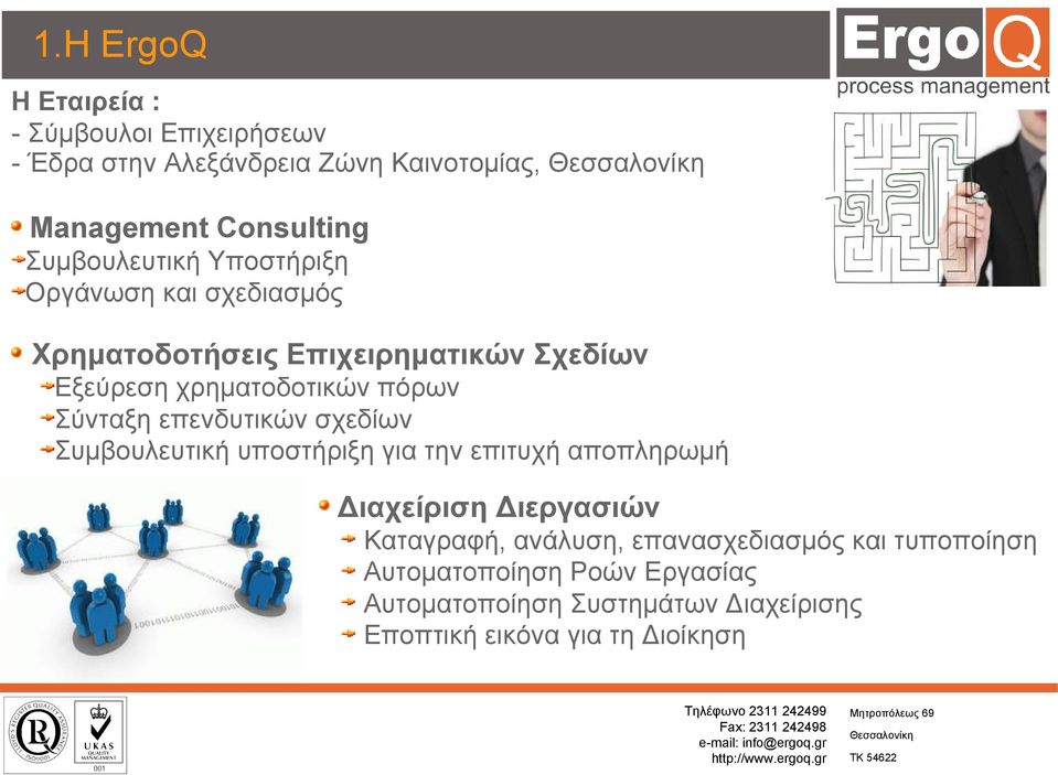 Σύνταξη επενδυτικών σχεδίων Συμβουλευτική υποστήριξη για την επιτυχή αποπληρωμή Διαχείριση Διεργασιών Καταγραφή,