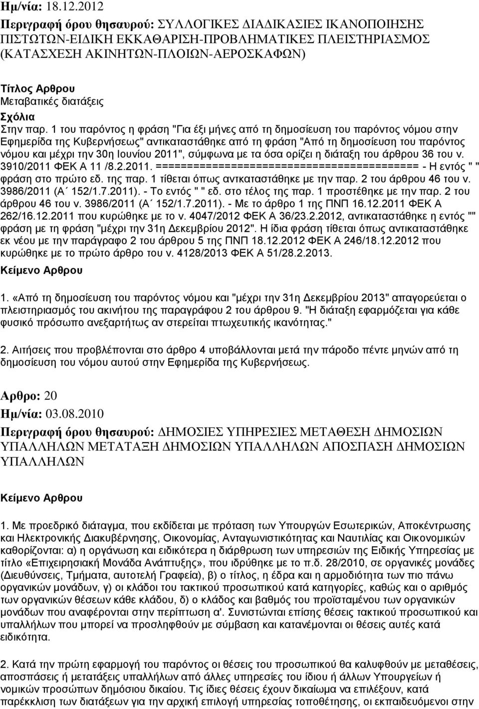 2011", σύμφωνα με τα όσα ορίζει η διάταξη του άρθρου 36 του ν. 3910/2011 ΦΕΚ Α 11 /8.2.2011. ========================================== - Η εντός " " φράση στο πρώτο εδ. της παρ.