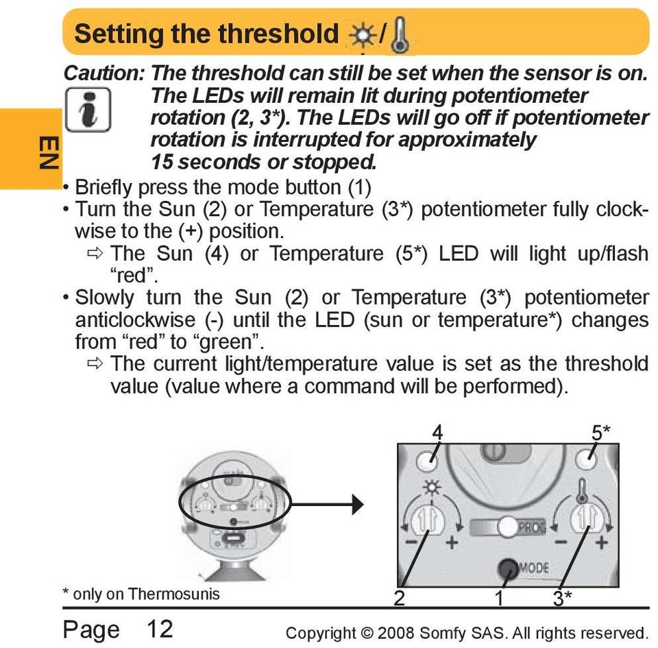 Briefly press the mode button (1) Turn the Sun (2) or Temperature (3*) potentiometer fully clockwise to the (+) position.