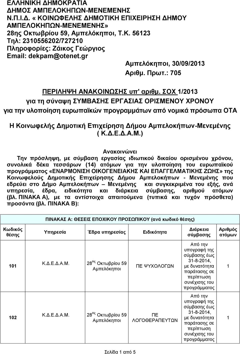 Κοινωφελής Δημοτική Επιχείρηση Δήμου Αμπελοκήπων-Μενεμένης ( ΚΔΕΔΑΜ) Ανακοινώνει Την πρόσληψη, με σύμβαση εργασίας ιδιωτικού δικαίου ορισμένου χρόνου, συνολικά δέκα τεσσάρων (4) ατόμων για την