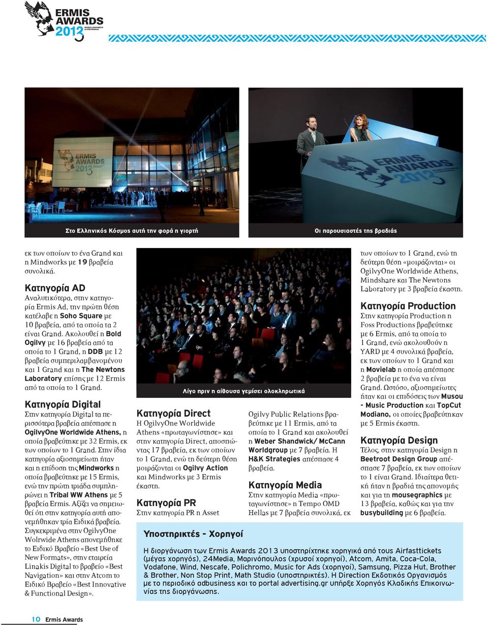 Ακολουθεί η Bold Ogilvy με 16 βραβεία από τα οποία το 1 Grand, η DDB με 12 βραβεία συμπεριλαμβανομένου και 1 Grand και η The Newtons Laboratory επίσης με 12 Ermis από τα οποία το 1 Grand.
