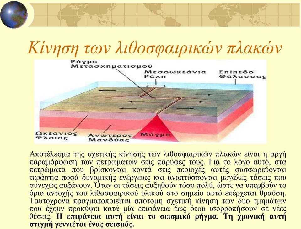 αυξάνουν. Όταν οι τάσεις αυξηθούν τόσο πολύ, ώστε να υπερβούν το όριο αντοχής του λιθοσφαιρικού υλικού στο σημείο αυτό επέρχεται θραύση.