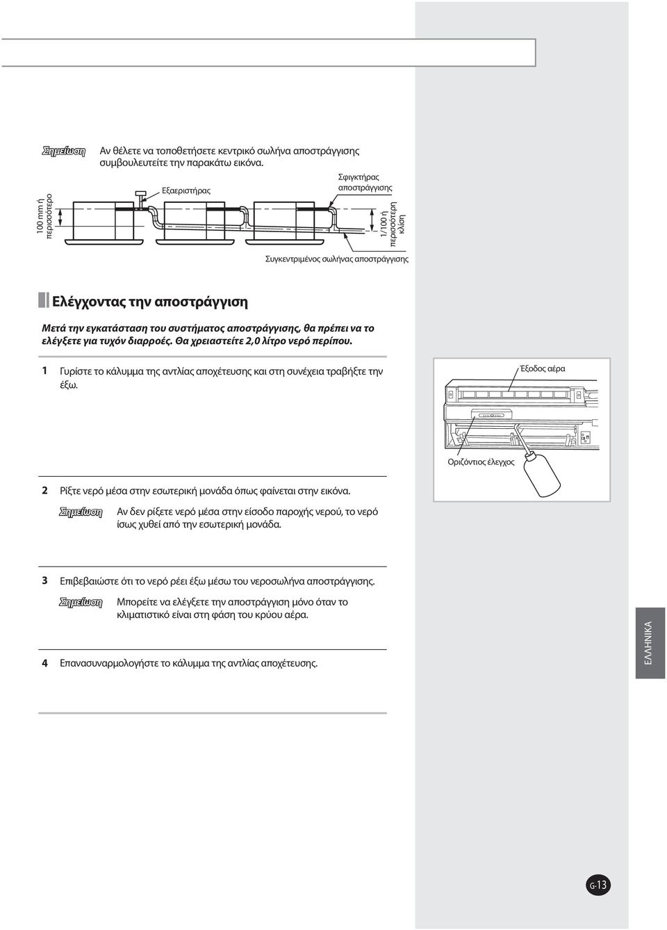 ελέγξετε για τυχόν διαρροές. Θα χρειαστείτε 2,0 λίτρο νερό περίπου. 1 Γυρίστε το κάλυμμα της αντλίας αποχέτευσης και στη συνέχεια τραβήξτε την έξω.