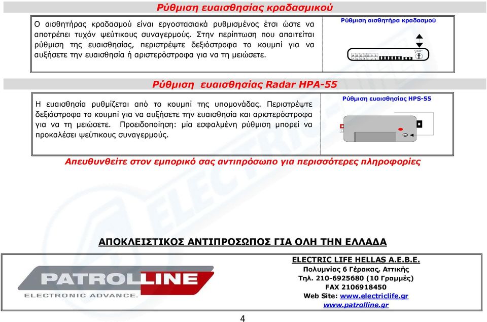 Ρύθµιση αισθητήρα κραδασµού 14 13 12 1110 9 8 7 6 5 4 3 2 1 _ + Ρύθµιση ευαισθησίας Radar ΗPA-55 Η ευαισθησία ρυθµίζεται από το κουµπί της υποµονάδας.