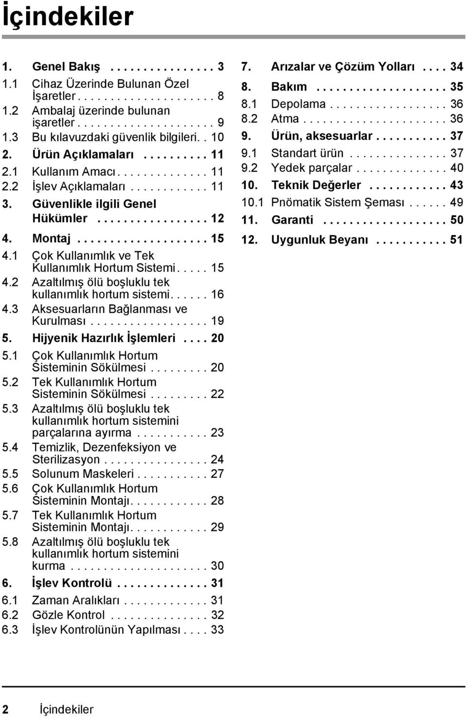 Montaj.................... 15 4.1 Çok Kullanımlık ve Tek Kullanımlık Hortum Sistemi..... 15 4.2 Azaltılmış ölü boşluklu tek kullanımlık hortum sistemi...... 16 4.