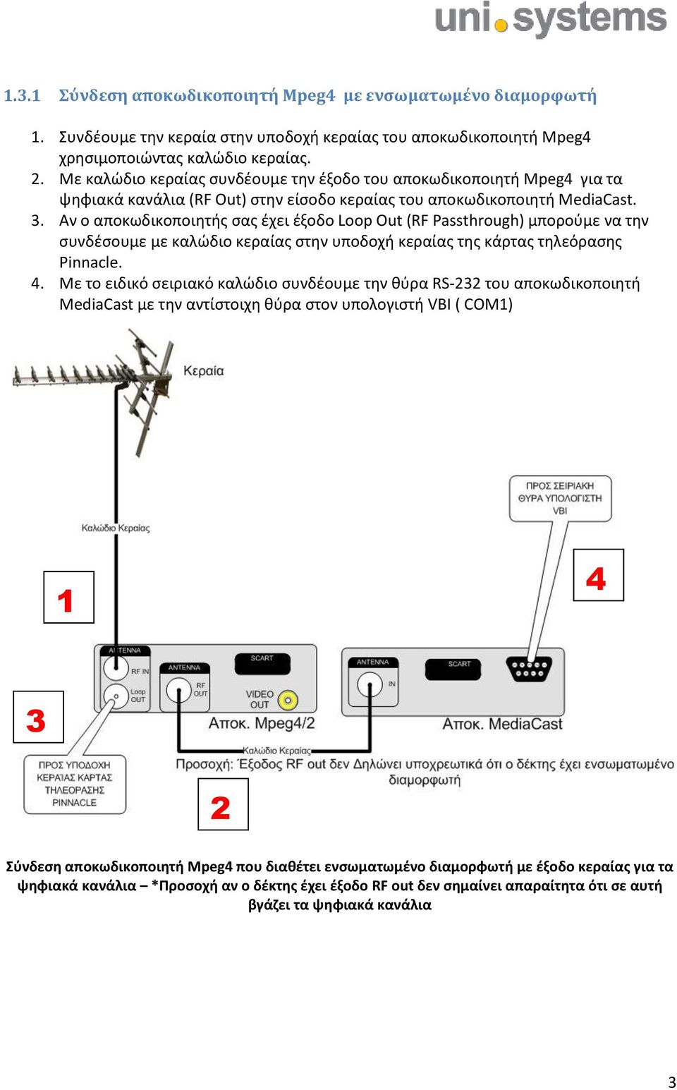 Αν ο αποκωδικοποιητής σας έχει έξοδο Loop Out (RF Passthrough) μπορούμε να την συνδέσουμε με καλώδιο κεραίας στην υποδοχή κεραίας της κάρτας τηλεόρασης Pinnacle. 4.