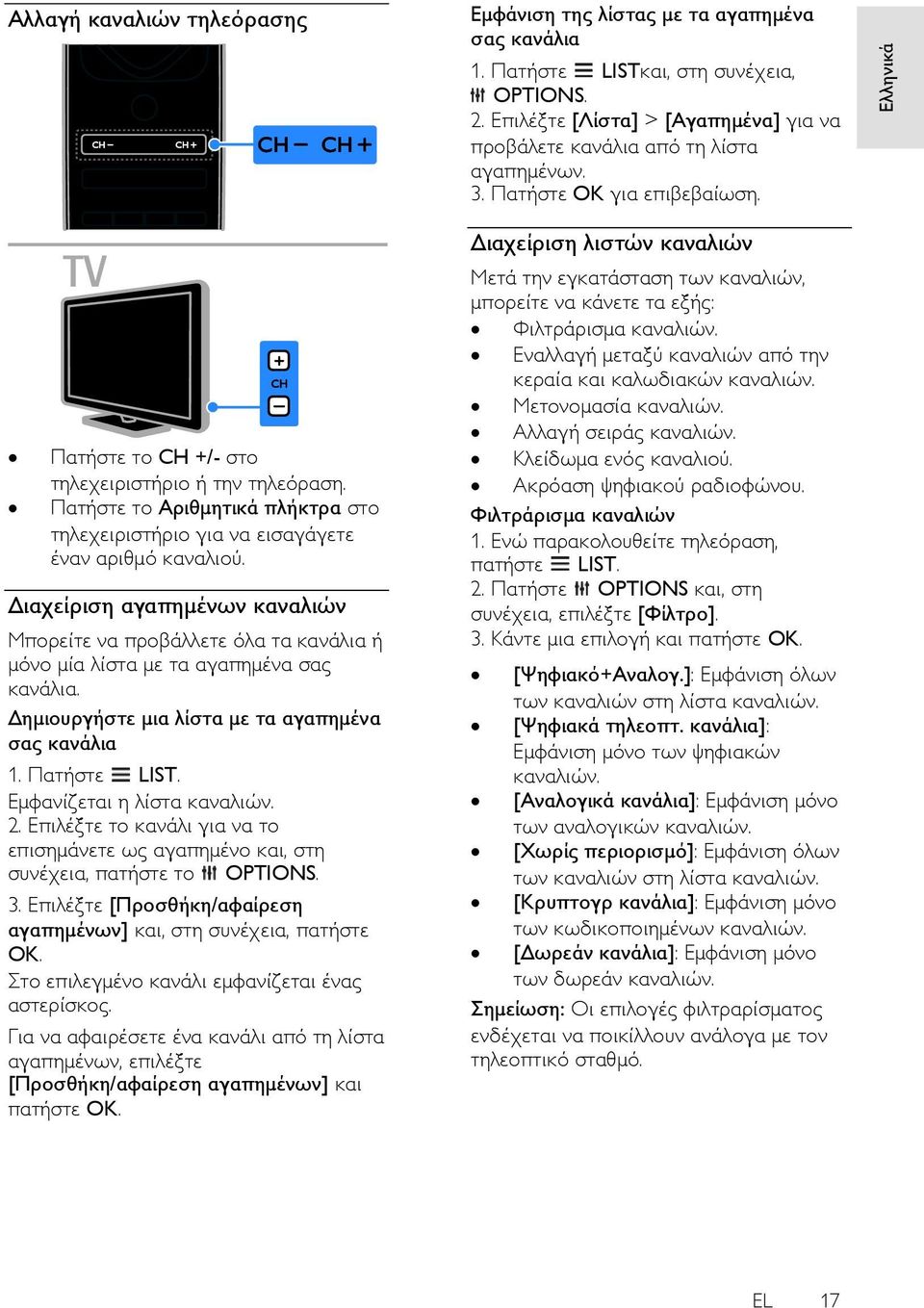 Εμφανίζεται η λίστα καναλιών. 2. Επιλέξτε το κανάλι για να το επισημάνετε ως αγαπημένο και, στη συνέχεια, πατήστε το OPTIONS. 3. Επιλέξτε [Προσθήκη/αφαίρεση αγαπημένων] και, στη συνέχεια, πατήστε OK.